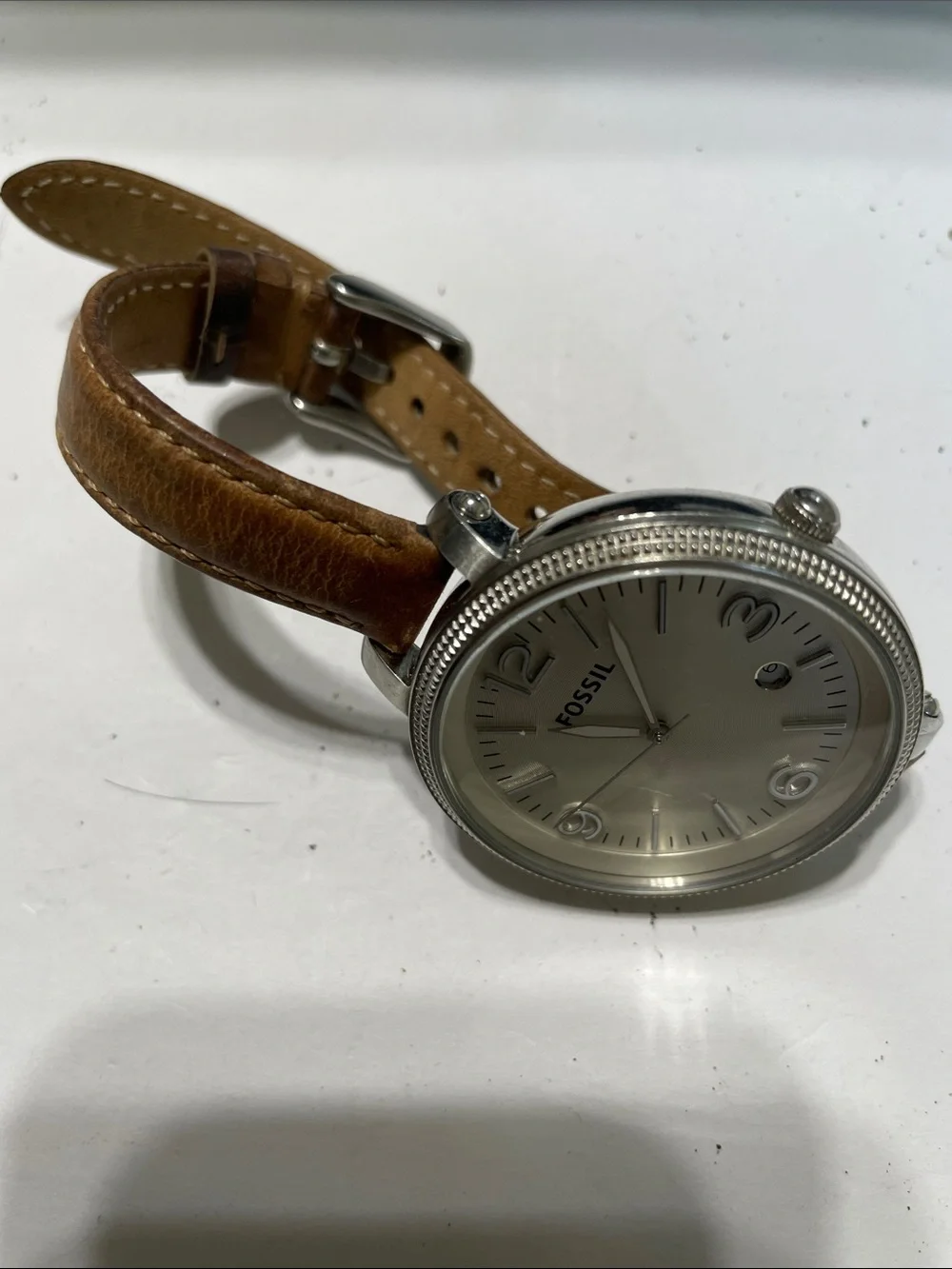 Fossil Silver Dial Watch with Brown Leather Strap.  Needs Battery.